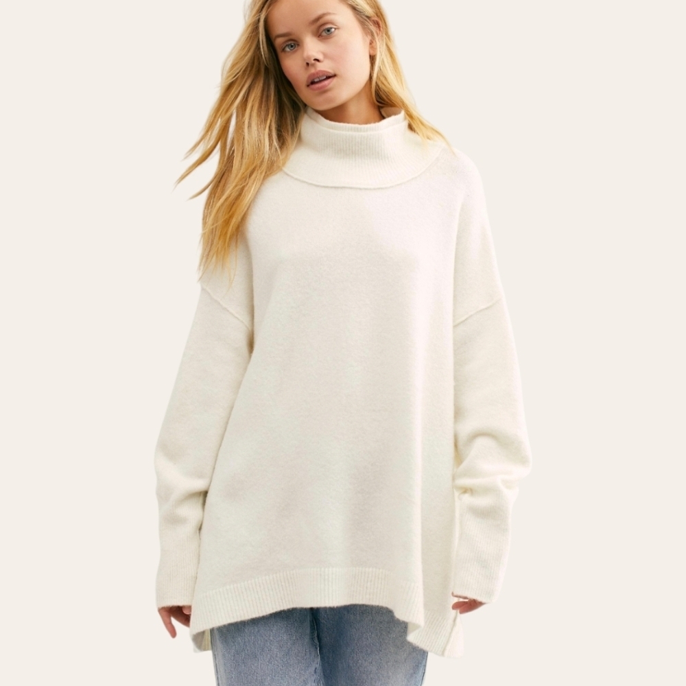 Free People‎ Afterglow Mock Neck Sweater Tunic Oversized Slouchy XS Runs Big!